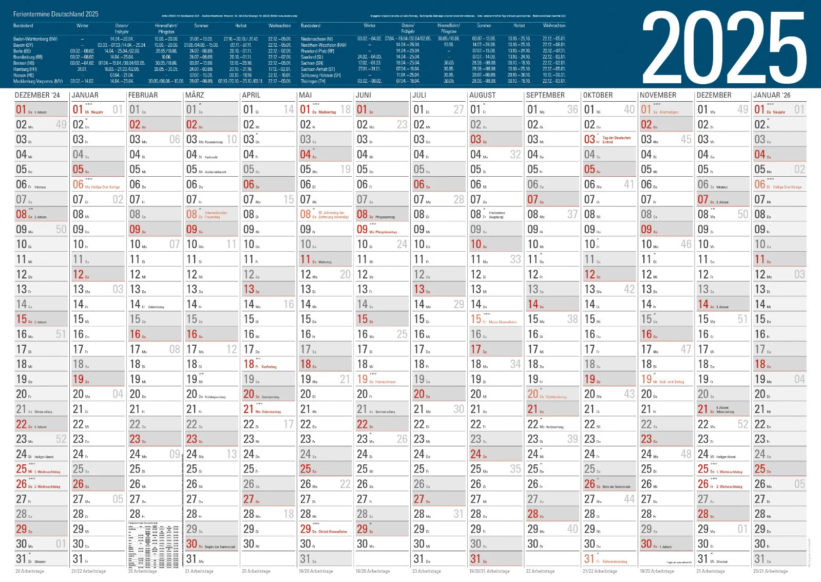 Kalender Jahresübersicht 2025