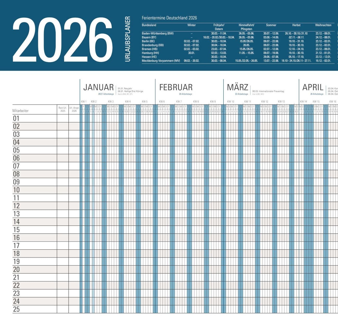 XXL Urlaubsplaner 2026 Gro er Personalplaner Dienstplaner Kalender 940x297 Mm F r 25 Mitarbeiter Amazon de B robedarf Schreibwaren