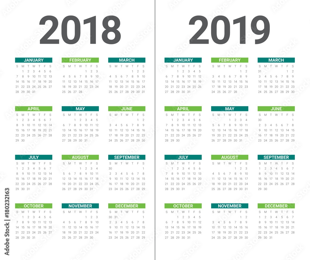 Year 2018 2019 Calendar Vector Stock Vector Adobe Stock