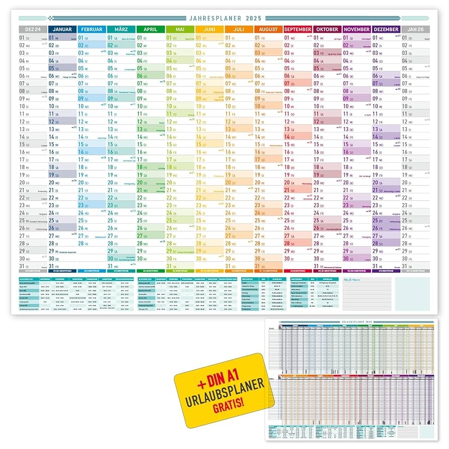 ZADAWERK Year Planner And Holiday Planner 2025 DIN A1 XXL International Holidays Holiday Overview Company Holiday Calendar For 25 People Amazon de Stationery Office Supplies