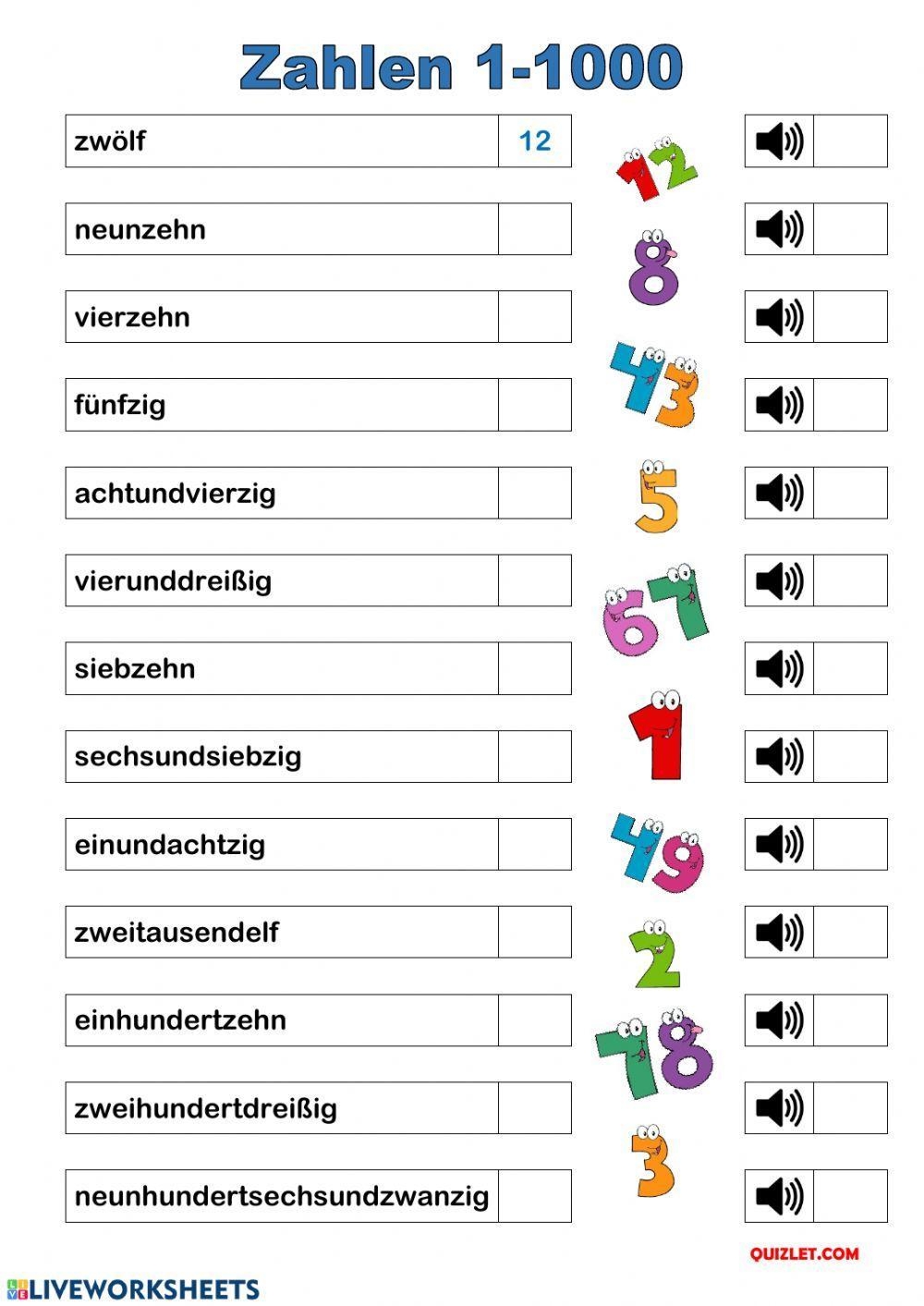Zahlen Deutsch Arbeitsblätter PDF