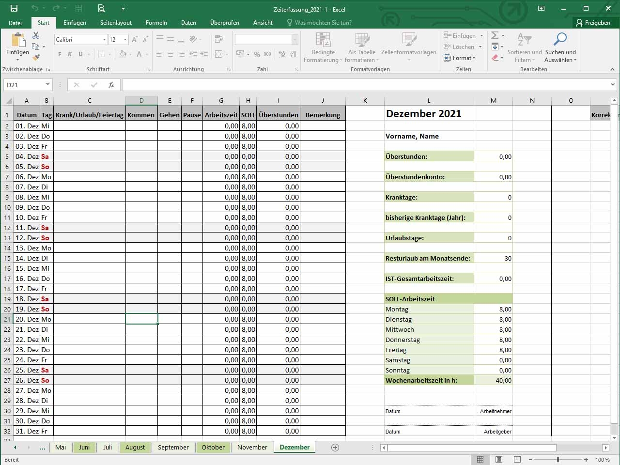 Zeiterfassung Excel Kostenlos Vorlage