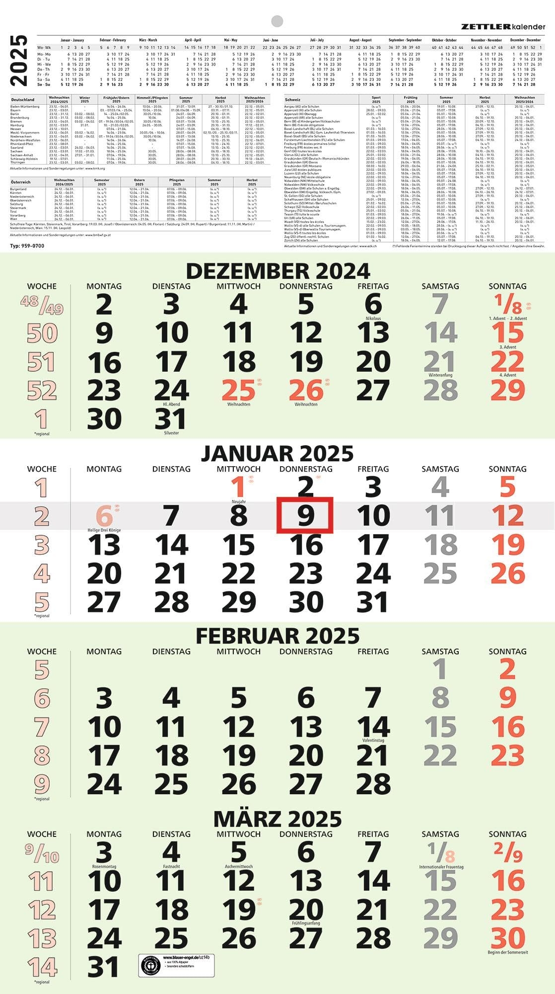 Zettler 4 Monatskalender Recycling 2025 33x58 8cm B rokalender Mit Jahres bersicht Blauer Engel Datumsschieber Faltbar 4 Monate Auf Einen Blick Feiertage DE Und Deutsches Kalendarium Zettler Kalender Amazon de B cher